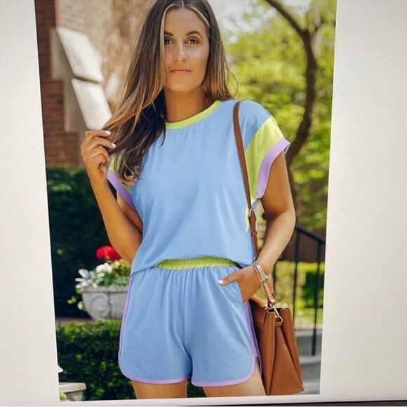 Blue Purple Green Shorts Set Stretch Knit Plus Size 2XL - Picture 5 of 7